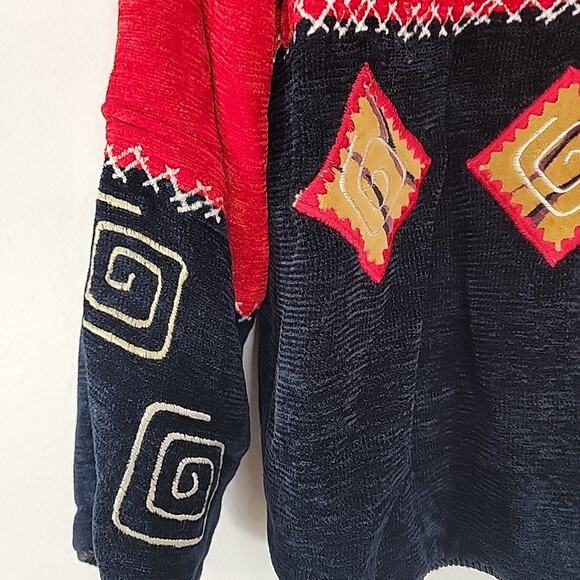 Alex Kim Women’s Medium Cardigan Jacket Red Black Velour Look Patchwork - Picture 5 of 9